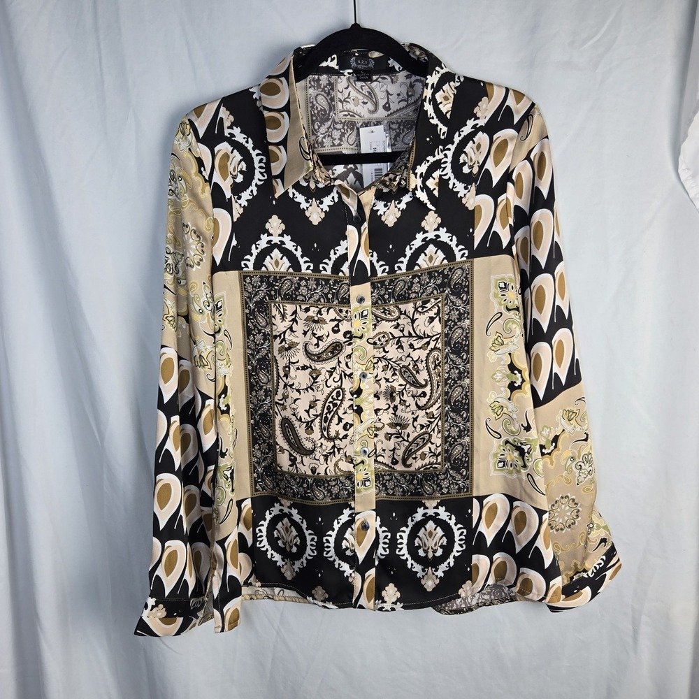 New Azi Savannah Satin Blouse Womens Large Status Patchwork Office Quiet Luxury